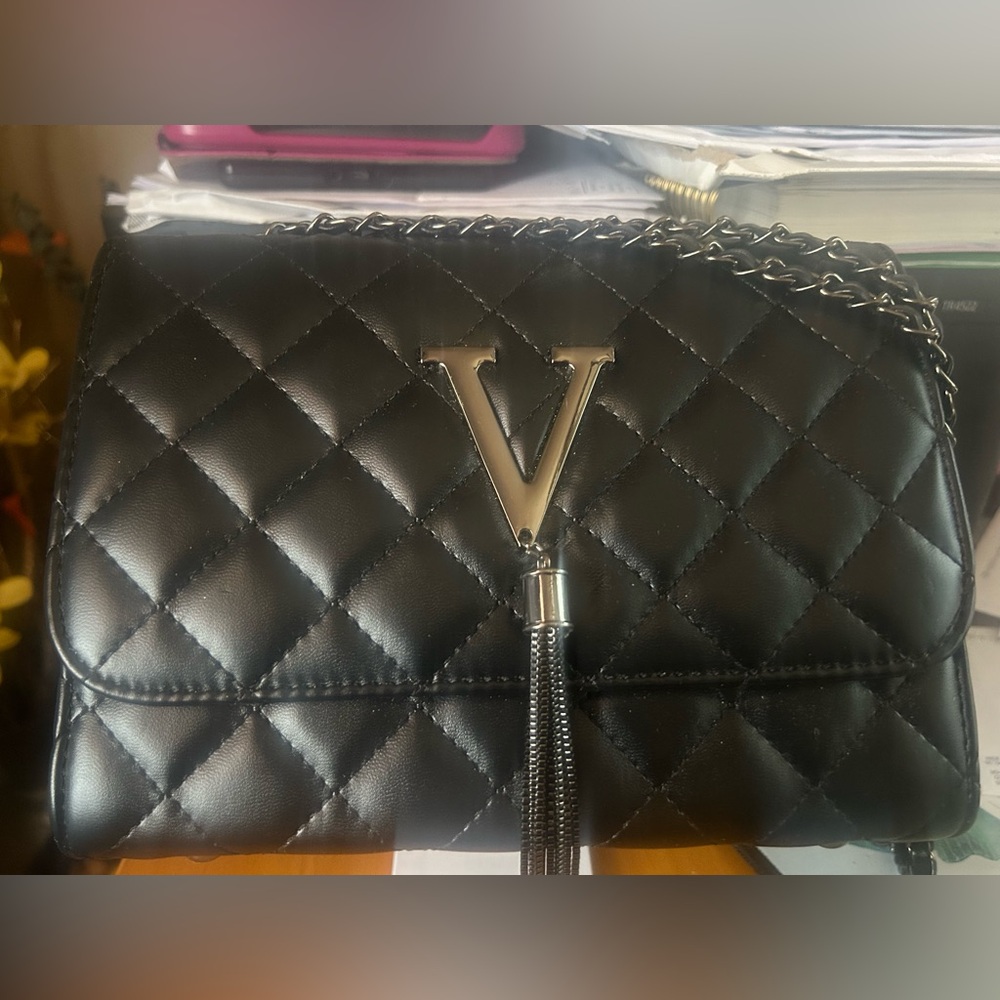 V-Emblem Black Quilted Chain Bag